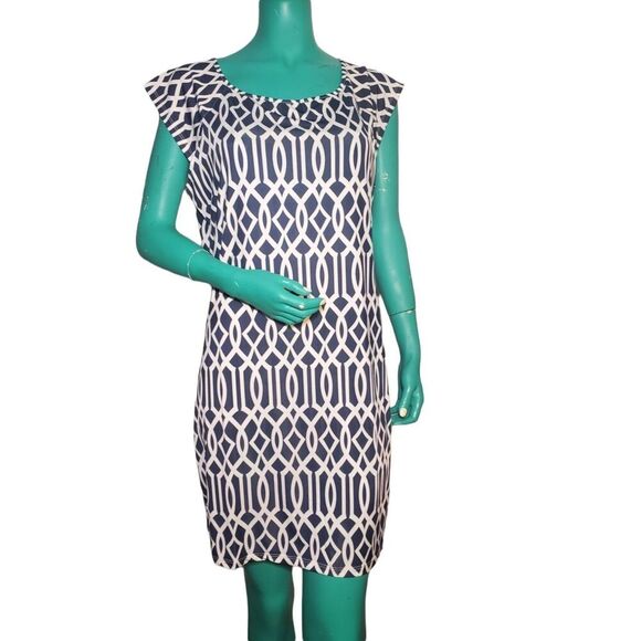 Jean-Pierre Klifa Paris Lily Celtic Classic Navy Geometric Print Shift Dress Siz - Picture 1 of 8